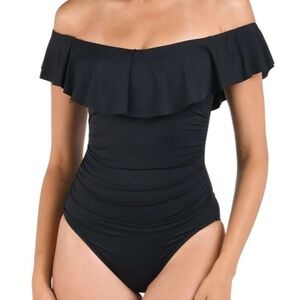 La Blanca Island Goddess Off Shoulder Ruffle One Piece Swimsuit Black SZ 12 NWT